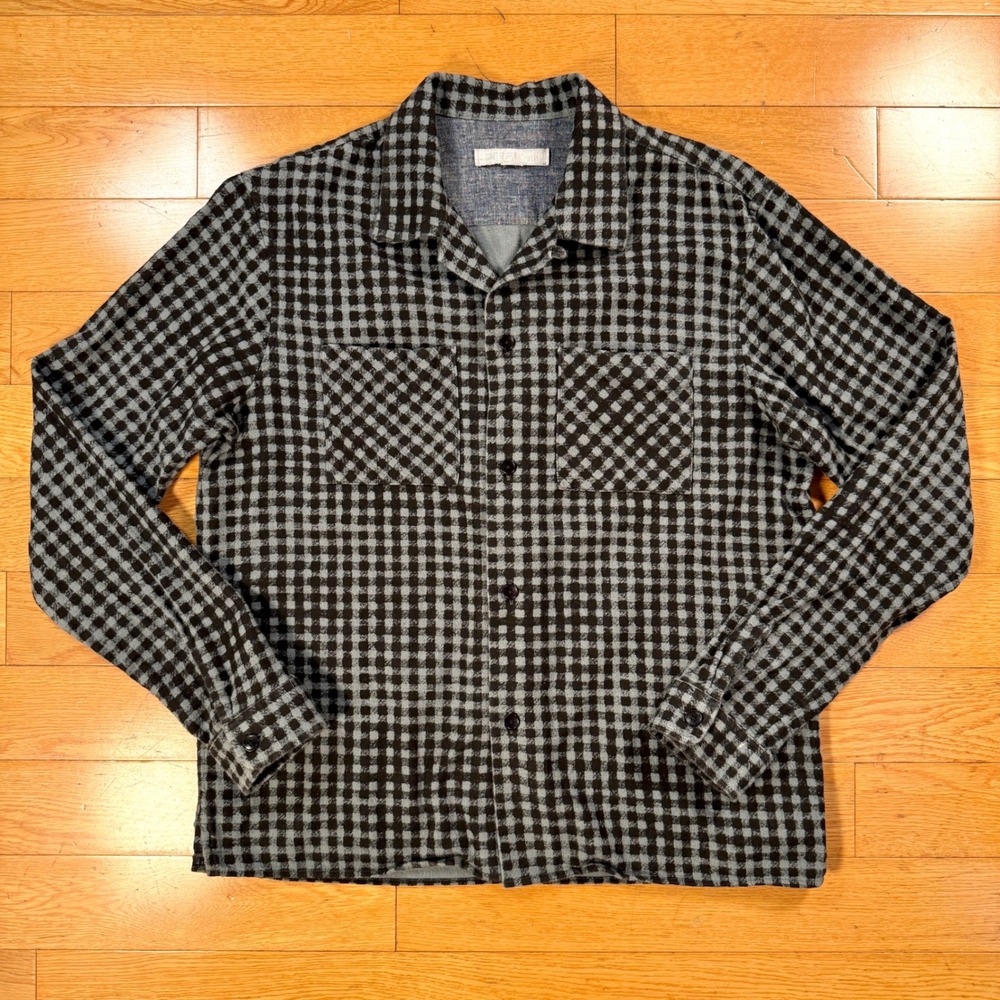 Outerknown Camp Collar Shirt Teal & Black Check Organic Cotton Flannel Medium